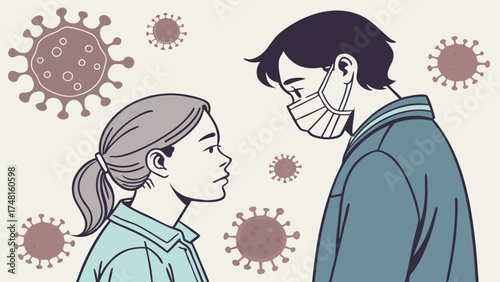 Illustration of two people wearing face masks social distancing virus prevention.