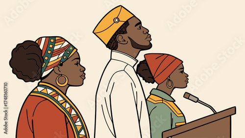 Diverse group of people at a podium profile view African heritage cultural diversity equality celebration community unity empowerment illustration vector art.