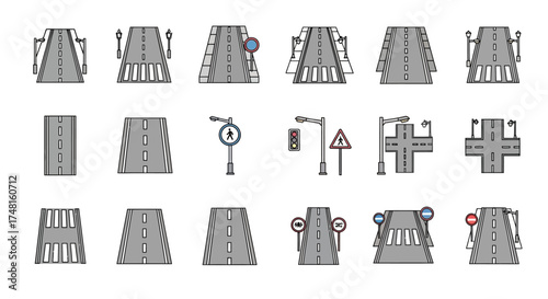 A collection of various simple top-down road segments, intersections, traffic lights, and pedestrian crossings in an icon style.