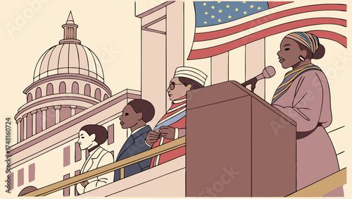 Diverse Group of People at a Podium Speech with a National Flag and Government Building in the Background.