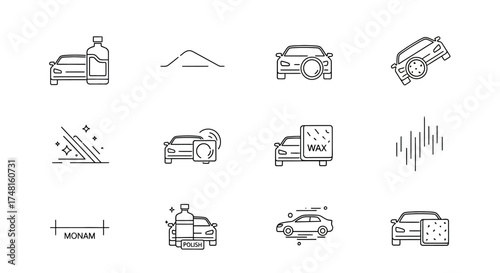 A set of minimalist line icons representing automotive care, detailing, washing, and maintenance processes, from inspection to waxing.