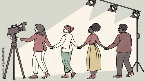 Diverse group of people holding hands being filmed on a set with studio lighting.