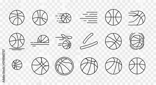 A collection of basketball illustrations depicting various movements and positions, outlined in black.