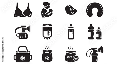 Assortment of black silhouette icons related to baby care and breastfeeding isolated on transparent background