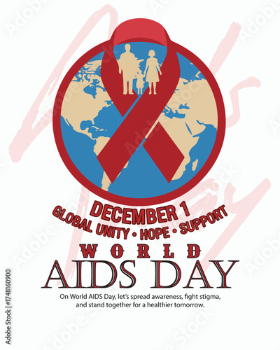 World AIDS Day Awareness Illustration – Red Ribbon Symbol, Health Care Support and Stop HIV Campaign Vector