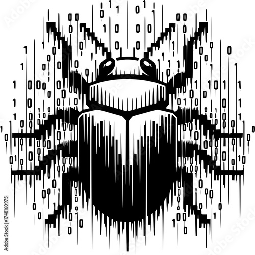 Digital Bug: A black and white depiction of a digital bug is surrounded by binary code, representing a complex network that can lead to a malfunction.