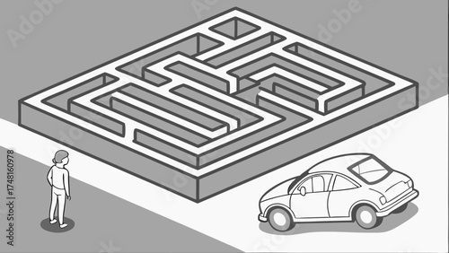 Isometric illustration of a person looking at a car near a complex maze concept of challenge problem solving or decision-making.
