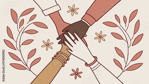 Diverse Hands Together in Unity Floral Design Teamwork Concept.