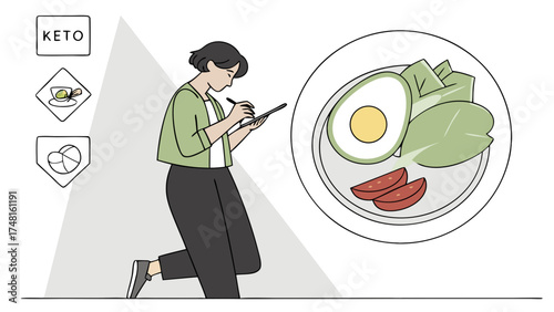 Keto diet plan healthy eating woman planning meal avocado egg tomato salad healthy lifestyle food illustration diet concept nutrition plan weight loss healthy recipes vegetable food.