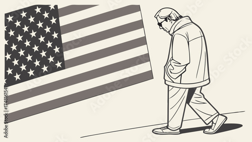 Man walking past a flag monochrome illustration patriotic art vector graphic somber mood.