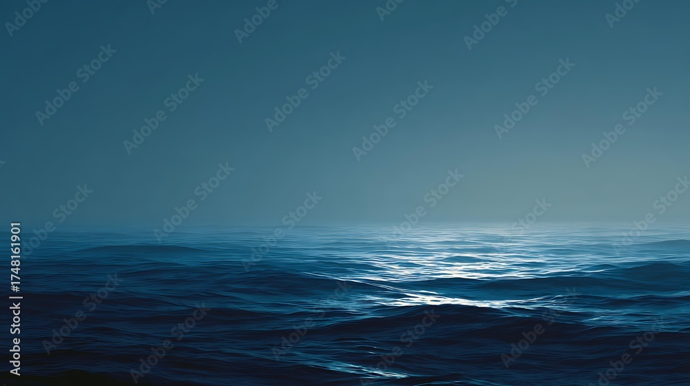 Fototapeta premium deep ocean water blending into horizon, smooth gradient tones from dark navy to sky blue, realistic light reflection, abstract minimal wallpaper, cinematic feel