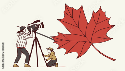 Film Crew Filming Autumn Leaf Nature Documentary Fall Season Video Production Illustration.