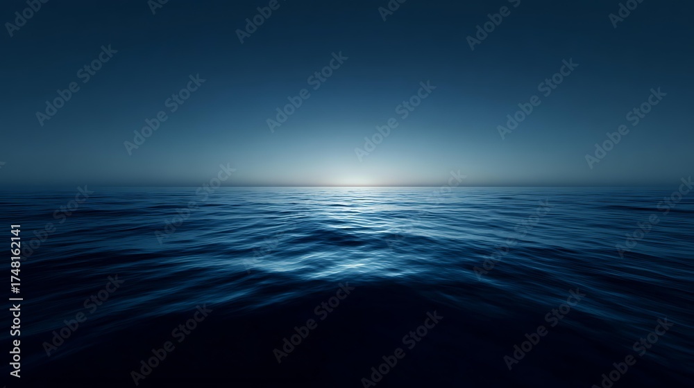 Fototapeta premium deep ocean water blending into horizon, smooth gradient tones from dark navy to sky blue, realistic light reflection, abstract minimal wallpaper, cinematic feel