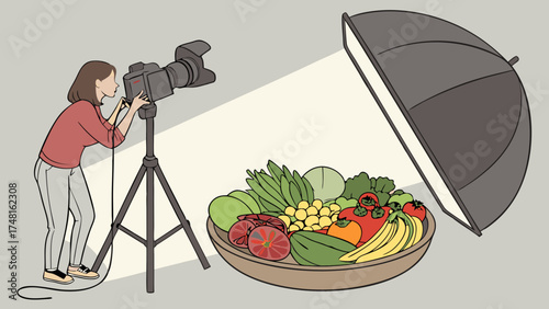 Food Photography Studio Setup Photographer Shooting Fresh Produce in Bowl with Lighting Equipment.