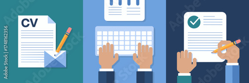 Resume writing icons with CV, typing, review, and illustration – Perfect for business education, HR materials, or career visuals
