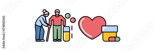 Simplified elderly care icons with caregiver, cane, heart, and medicine – Great for senior care infographics or wellness materials