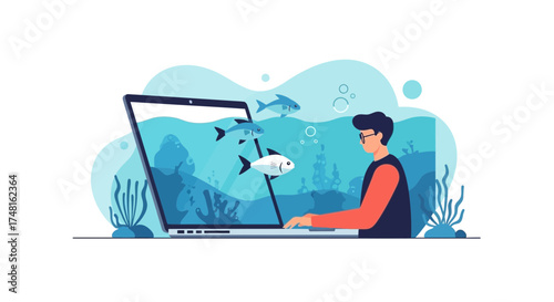 Conceptual Illustration of a Man Using a Laptop with an Underwater Scene Depicted on the Screen