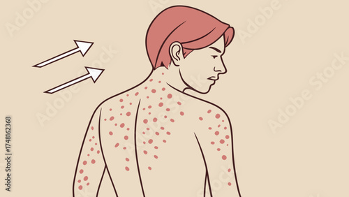 Medical illustration of skin rash on back showing person with numerous red spots healthcare infographic design.