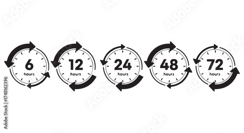 Set of five black clock icons with circular arrows indicating time intervals, isolated on transparent background