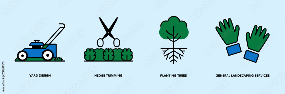 Naklejka premium Vector icons for landscaping and gardening services: mowing, trimming, planting, gloves