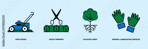 Vector icons for landscaping and gardening services: mowing, trimming, planting, gloves