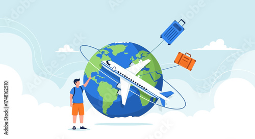 Conceptual travel illustration featuring a man, globe, airplane and suitcases for vacation concept
