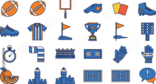Colorful vector icon set for sports, featuring athletic equipment, game elements, and stadium symbols. Ideal for digital media, UI/UX, and graphic design projects