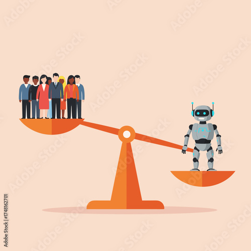 The concept of technology's superiority over human labor. A single robot on a scale outweighs a crowd of people, symbolizing layoffs, automation, AI efficiency, and job cuts.