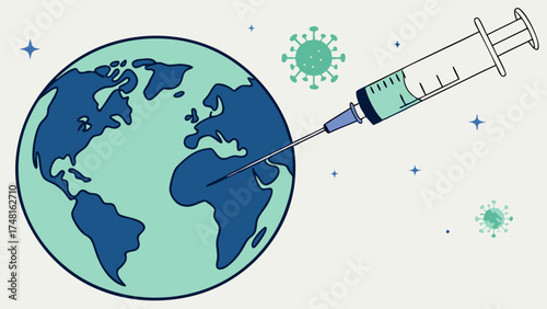 Global Vaccination Syringe Injecting Earth Virus Prevention Healthcare Concept Illustration.