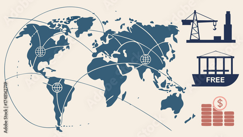 Global Trade and Transportation Network World Map Illustration Shipping Logistics Import Export International Business Cargo Crane Freight Container Global Economy World Commerce Busi.