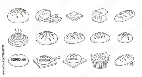 A collection of various bread types, loaves, slices, and sourdough illustrations, all in black and white.