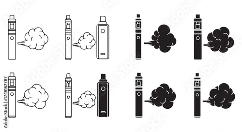 Collection of vape pen icons with smoke clouds, some in black and white, isolated on transparent background
