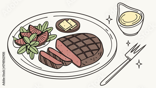 Grilled Steak Dinner Delicious Meal Illustration Food Drawing Restaurant Menu Design.