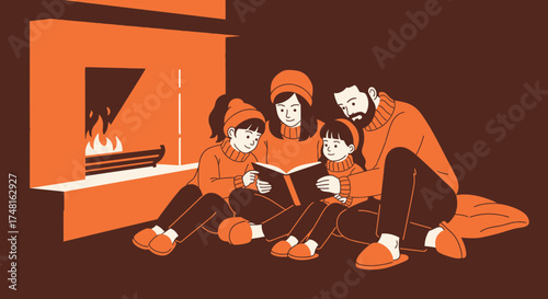 Cozy family reading time by the fireplace in winter vector illustration