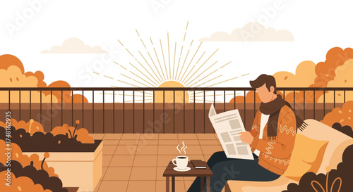 Cozy morning scene of a man reading newspaper on a balcony with sunrise view