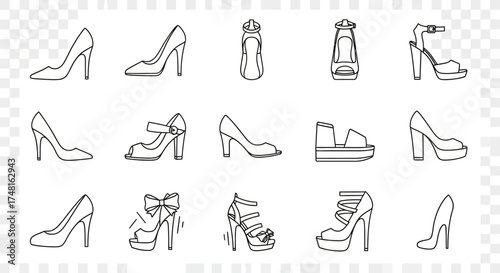 Collection of outlined high heel shoe illustrations in various styles, including pumps, sandals, and peep-toe designs, arranged in rows.
