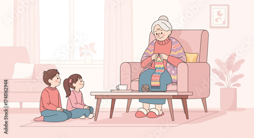 Cozy moment of grandmother knitting with grandchildren in a warm illustration