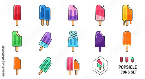 Collection of colorful popsicle icons, some with bites taken, presented in a variety of styles and flavors on wooden sticks.