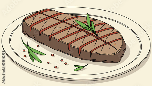 Grilled Steak on Plate Food Illustration Restaurant Menu Design Culinary Art Delicious Meal.