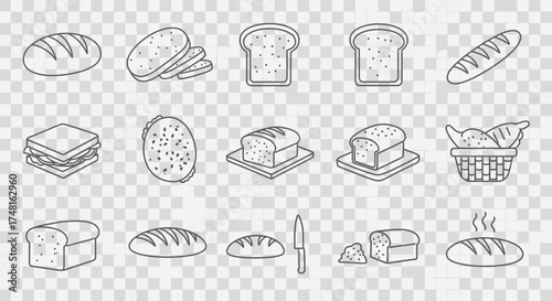 A collection of outlined bread illustrations, including loaves, slices, sandwiches, and a basket, presented on a transparent background.