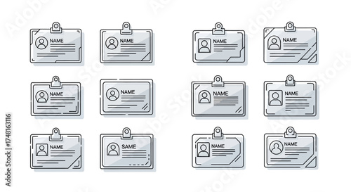A collection of twelve monochrome identification card designs, each with a placeholder profile, name, text, and a top clip.