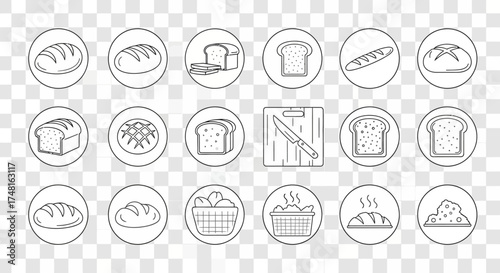 A collection of outline icons depicting various types of bread, baking ingredients, and related tools like a cutting board and knife, set against a transparent background.