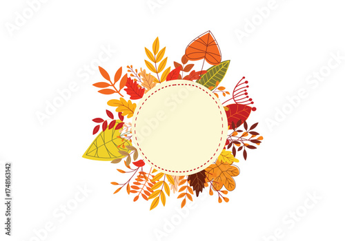 Autumn circle card with color fall leaves, and rowan berries
pine cones, Greeting or invitation card design. Vector illustration