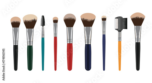 A collection of various makeup brushes including foundation brushes eyeshadow brushes and a mascara wand.
