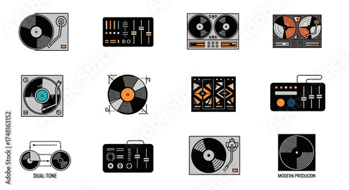 A collection of twelve stylized icons representing various DJ and music production equipment, such as turntables, audio mixers, and digital controllers.