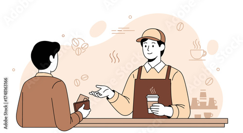 Customer Paying for Coffee at a Cafe Counter Illustration with Coffee Beans and Mugs