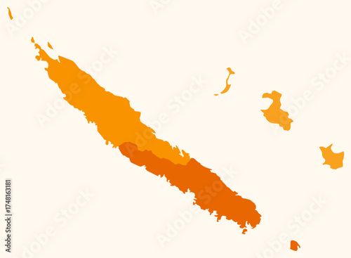 Map of New Caledonia with regions. Just a simple country border map with region division. Orange color palette. Blank New Caledonia shape with administrative division. Vector illustration.