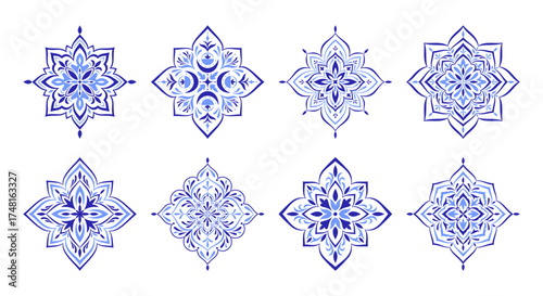 Mediterranean blue pattern set. Traditional Spanish, Portuguese, Sicilian, Italian motifs on white background. Floral mosaic design. Ethnic ornament for ceramic. Vector illustration