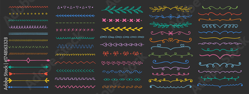 Crayon flourish, dividers. Set of doodle chalk decorative marks, lines, underline, strikethrough, arrows, twigs with leaves. Hand drawn symbols. Colorful pencil drawings, black bg. Vector illustration