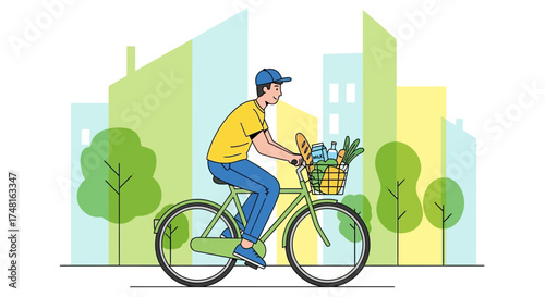 Delivery man riding bicycle with groceries through the city vector illustration depicting eco
